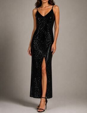 Vintage 80’s Niteline Sequin Beaded Maxi Dress Slit Formal Party Sparkle Black